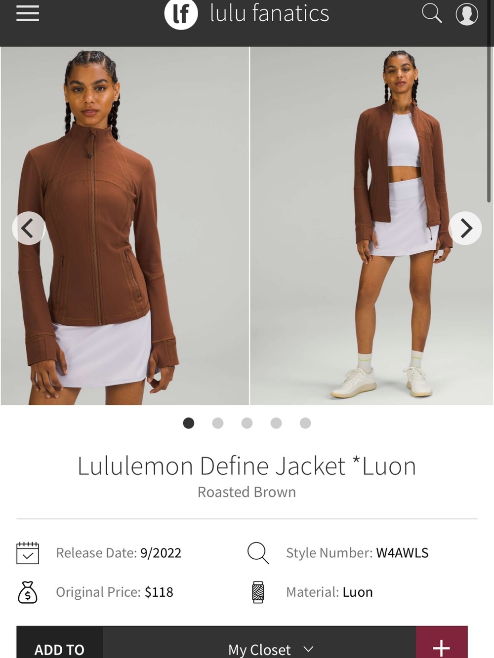 143-$65 *FREE SHIPPING* Lululemon Define Jacket *Luon Roasted Brown size 4